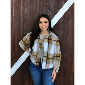 Blue B Plaid Oversized Shirt Jacket Womens S Beige & White Polyester/Cotton Blen